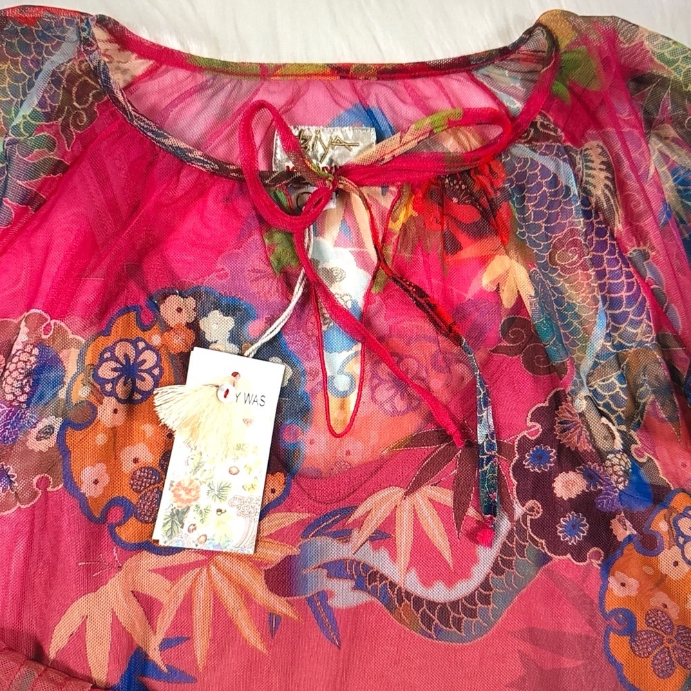 Johnny Was Sheer Floral Tie-Neck Blouse in Red and Pink - Picture 4 of 7